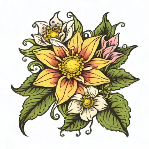 bouquet daisy larkspur daffodil water lily pad tattoo design idea
