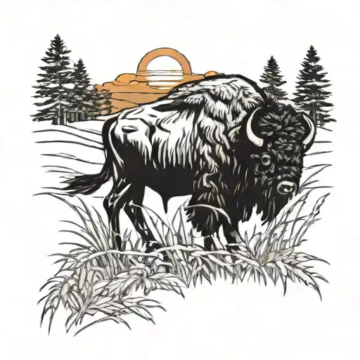 Bison in a wheat field durning sunset in the style of tribal native american. there are pine covered forests in the back tattoo design idea
