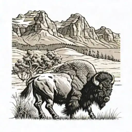 Bison walking in a field towards a mountain range. The bison is looking backwards while continuing forward. tattoo design idea