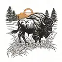 Bison in a wheat field durning sunset in the style of tribal native american. there are pine covered forests in the back tattoo design idea