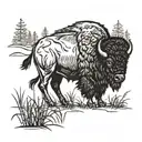 Bison in a wheat field durning sunset in the style of tribal native american. there are pine covered forests in the back tattoo design idea