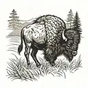 Bison in a wheat field durning sunset in the style of tribal native american. there are pine covered forests in the back tattoo design idea