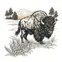 Bison in a wheat field durning sunset in the style of tribal native american. there are pine covered forests in the back tattoo design idea