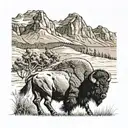 Bison walking in a field towards a mountain range. The bison is looking backwards while continuing forward. tattoo design idea