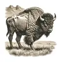 Bison walking in a field towards a mountain range. The bison is looking backwards while continuing forward. tattoo design idea
