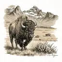 Bison walking in a field towards a mountain range. The bison is looking backwards while continuing forward. tattoo design idea