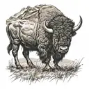 Bison walking in a field towards a mountain range. The bison is looking backwards while continuing forward. tattoo design idea