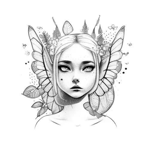 A girl who has fairy wings (but her face is covered) and her brain is floating above with plants growing  tattoo design idea