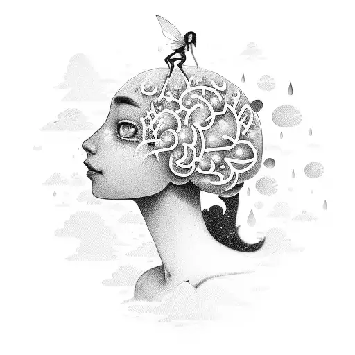 A girl who has fairy wings, but her face are rain clouds and her brain is floating above the clouds with plants growing  tattoo design idea