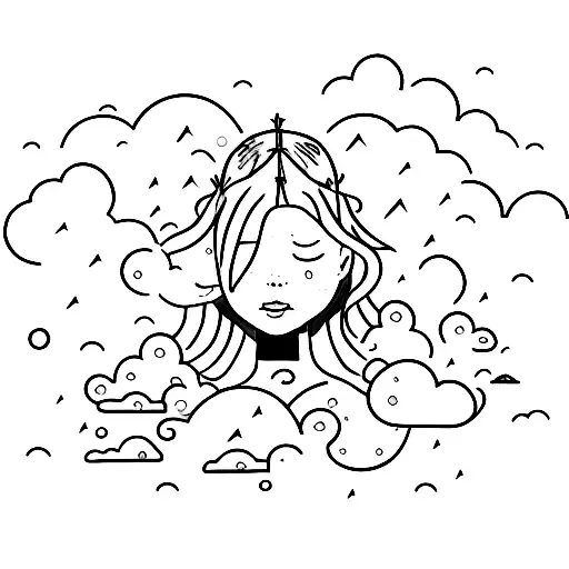 A girl who has fairy wings, but her face are rain clouds and her brain is floating above the clouds with plants growing  tattoo design idea