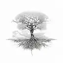 A delicate and detailed sketch of a tree with roots breaking free from chains, representing liberation and leaving the past behind tattoo design idea