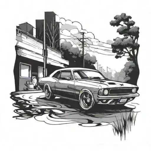 Cars drifting in the background tattoo design idea