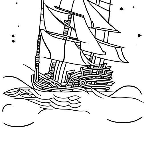 A pirate ship sailing through a galaxy with lightsabers as masts tattoo design idea