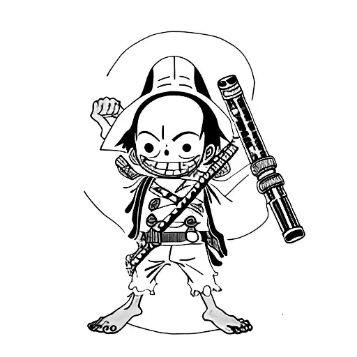 A minimalist tattoo of Luffy from One Piece holding a lightsaber, combining the client's love for both anime and Star Wars. tattoo design idea