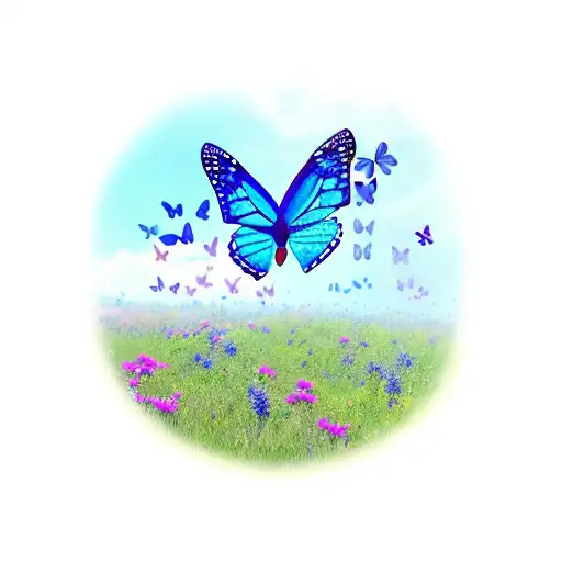 one blue butterfly flying above a meadow tattoo design idea
