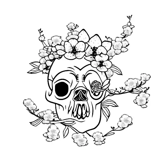 bulldog skull with cherry blossoms in a studio ghibli art style  tattoo design idea