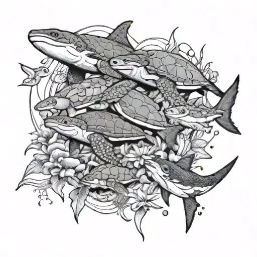 reef with turtles, sharks, dolphins and coral with sting rays tattoo design idea