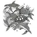 reef with turtles, sharks, dolphins and coral with sting rays tattoo design idea