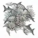 reef with turtles, sharks, dolphins and coral with sting rays tattoo design idea