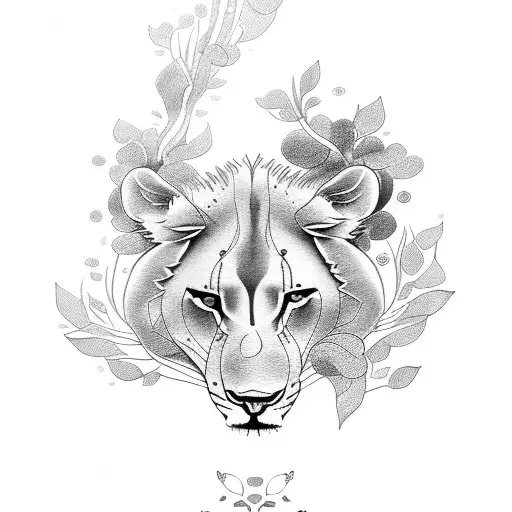 A lioness and her cub resting under a blossoming tree tattoo design idea