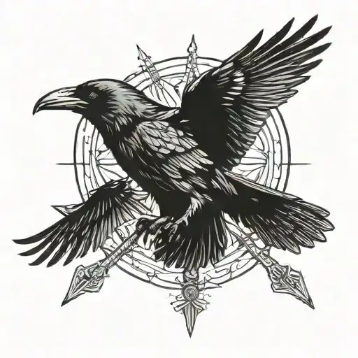 raven flying holding three arrows  tattoo design idea