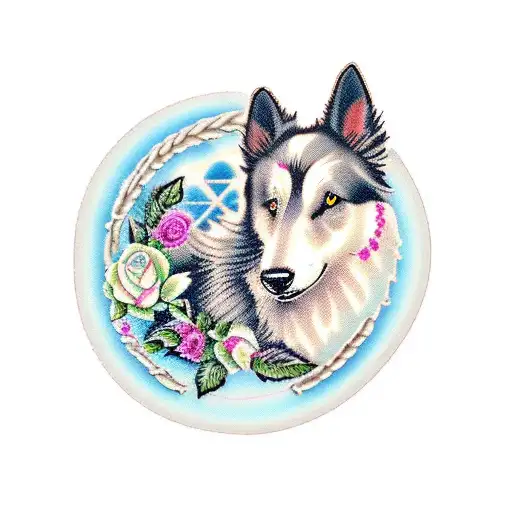Black Shetland sheepdog with rose background tattoo design idea