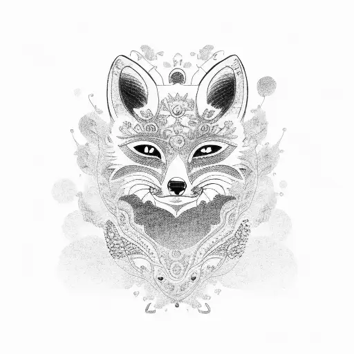 A woman wearing a Korean fox mask with intricate patterns tattoo design idea