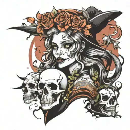 witch, gorgeous woman, skulls tattoo design idea