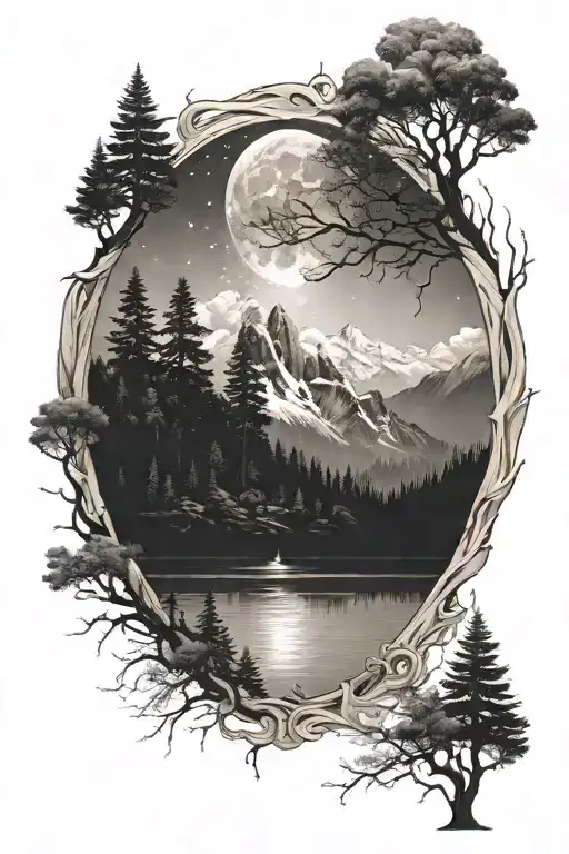 mountains trees and lake fading into space  tattoo design idea