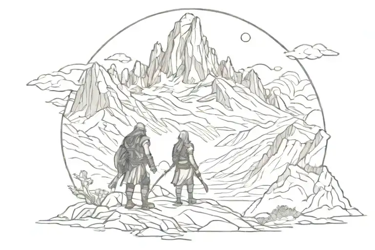 Odin and Frigg standing together with Mount Fitz Roy mountain landscape tattoo design idea