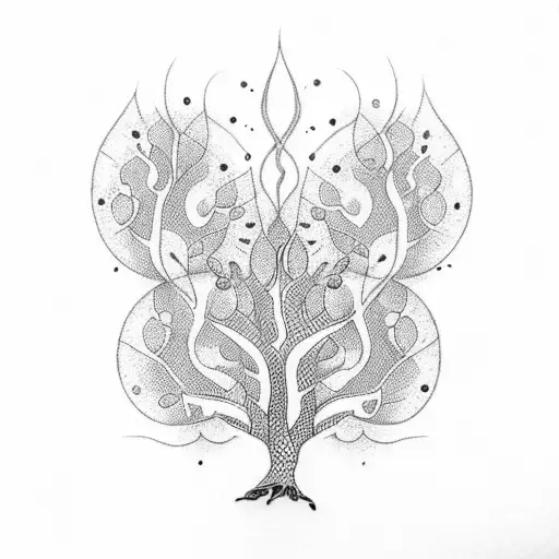 A dotwork tattoo of a tree with honeycombs as leaves and flames at the roots tattoo design idea