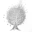 A dotwork tattoo of a tree with honeycombs as leaves and flames at the roots tattoo design idea