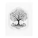 A dotwork tattoo of a tree with honeycombs as leaves and flames at the roots tattoo design idea