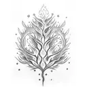 A dotwork tattoo of a tree with honeycombs as leaves and flames at the roots tattoo design idea