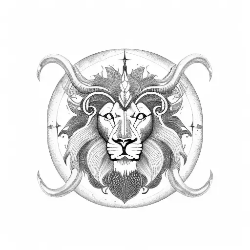 Celestial lion constellation with Aries ram horns tattoo design idea