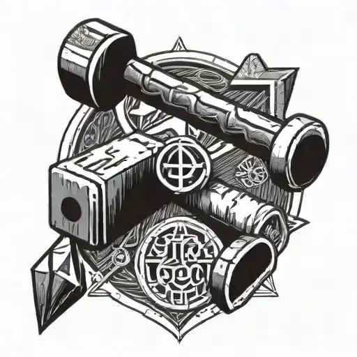 A tattoo design of a carpenter's hammer and chisel intertwined with Buddhist symbols tattoo design idea