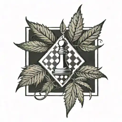A chessboard pattern tattoo with cannabis leaves integrated into the design, symbolizing strategic thinking and relaxation tattoo design idea