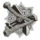 A tattoo design of a carpenter's hammer and chisel intertwined with Buddhist symbols tattoo design idea