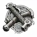A tattoo design of a carpenter's hammer and chisel intertwined with Buddhist symbols tattoo design idea