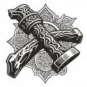A tattoo design of a carpenter's hammer and chisel intertwined with Buddhist symbols tattoo design idea