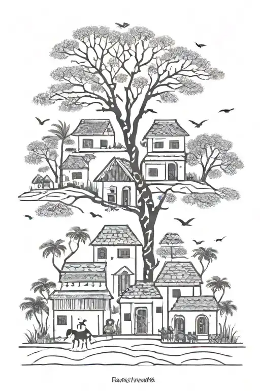 A serene village scene done in the warli India tribal art style tattoo design idea