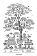 A serene village scene done in the warli India tribal art style tattoo design idea