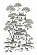 A serene village scene done in the warli India tribal art style tattoo design idea