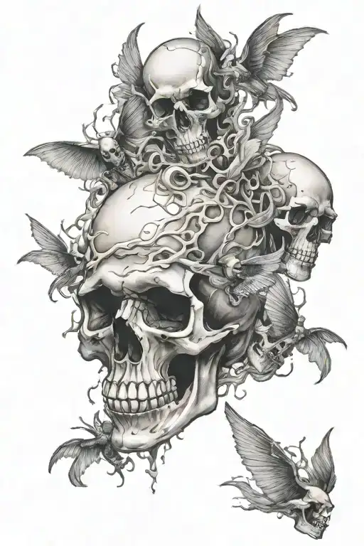 a skull with ghosts flying tattoo design idea