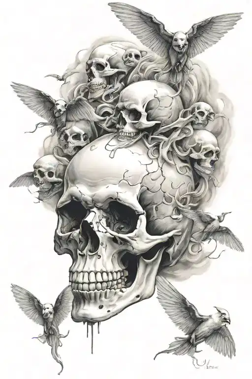 a skull with ghosts flying tattoo design idea
