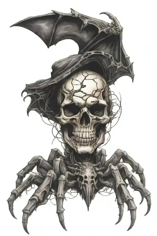 a skull spider with ghost and bats armadillos music tattoo design idea
