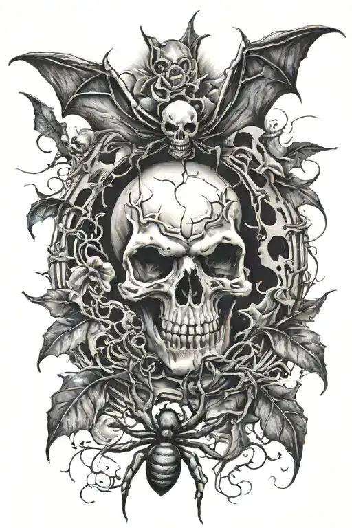 a skull spider with ghost and bats   tattoo design idea