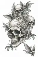 a skull with ghosts flying tattoo design idea