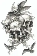 a skull with ghosts flying tattoo design idea