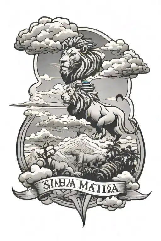 mufusa in clouds surrounding simba, Timon and pumbaa lion king with words Hakuna Matata above the clouds tattoo design idea